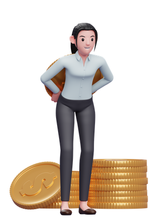 Businesswoman hiding coin behind back  3D Illustration