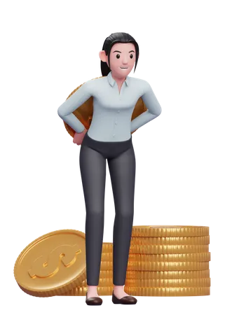 Businesswoman hiding coin behind back  3D Illustration