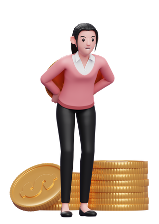 Businesswoman hiding coin behind back  3D Illustration