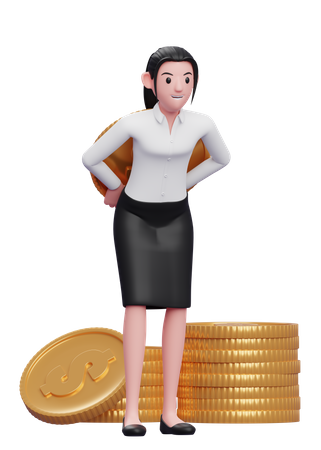 Businesswoman hiding coin behind back  3D Illustration