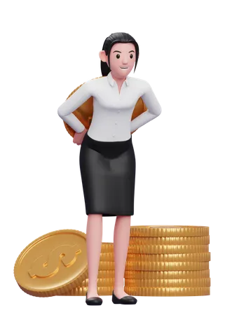 Businesswoman hiding coin behind back  3D Illustration