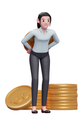 Beautiful Business Woman In Blue Shirt Carrying A Giant Coin On His Back 3 D Illustration Of A Business Woman In Blue Shirt Holding Dollar Coin 3D Illustration