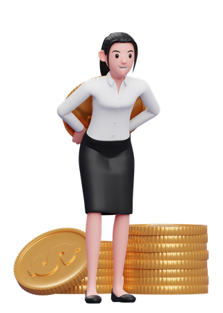 Businesswoman hiding coin behind back 3D Illustration