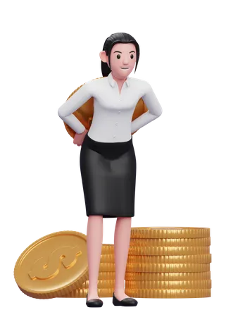 Businesswoman hiding coin behind back 3D Illustration
