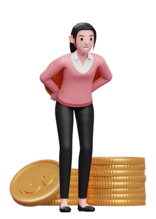 Businesswoman In Pink Sweater Carrying Coins Behind 3 D Illustration Of A Business Woman In Sweater Holding Dollar Coin 3D Illustration
