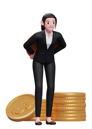 Beautiful Business Woman In A Black Suit Carrying A Giant Coin On His Back 3 D Illustration Of A Business Woman In A Black Suit Holding Dollar Coin 3D Illustration