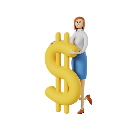 Businesswoman Holding big dollar logo  3D Illustration