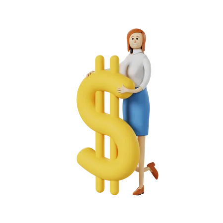 Businesswoman Holding big dollar logo 3D Illustration