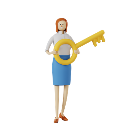 Businesswoman holding big key  3D Illustration