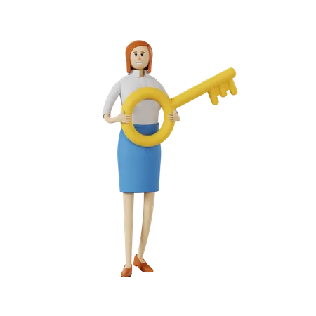 Businesswoman holding big key  3D Illustration