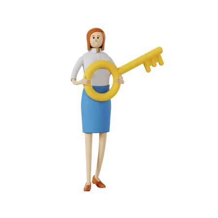 Businesswoman holding big key 3D Illustration