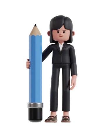 3 D Illustration Of Cartoon Businesswoman Holding Big Pencil 3D Illustration