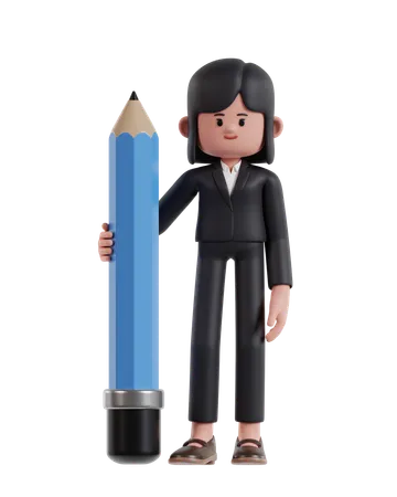 Businesswoman holding big pencil  3D Illustration