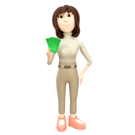 Businesswoman  Holding Cash  3D Illustration