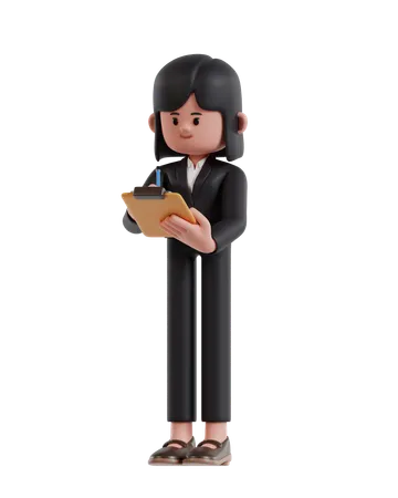 3 D Illustration Of Cartoon Cute Businesswoman Holding Clipboard And Writing With Pencil 3D Illustration
