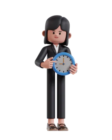 3 D Illustration Of Cartoon Businesswoman Holding Clock 3D Illustration