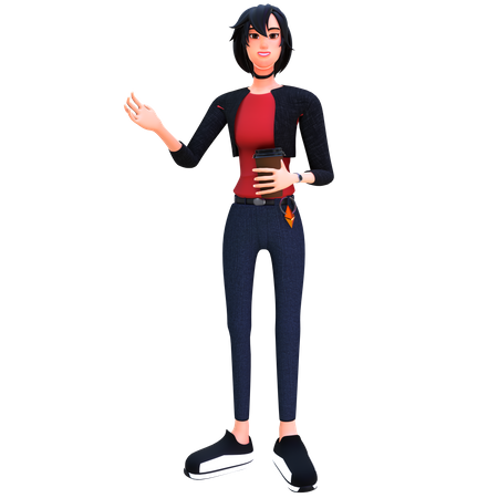 Businesswoman holding coffee and waving hand  3D Icon