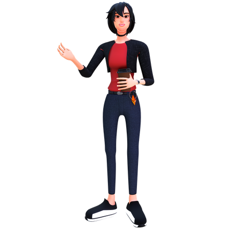 Businesswoman holding coffee and waving hand 3D Illustration