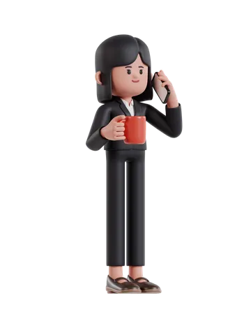 3 D Illustration Of Cartoon Businesswoman Holding Coffee Cup And Talking On Cell Phone 3D Illustration