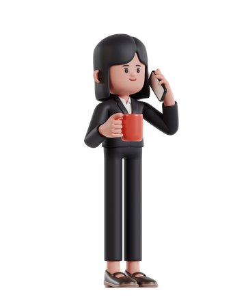 Businesswoman holding coffee cup and talking on cell phone  3D Icon
