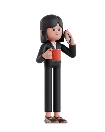 Businesswoman holding coffee cup and talking on cell phone  3D Illustration