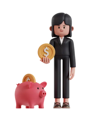3 D Illustration Of Cartoon Businesswoman Holding Coins Is Saving In Piggy Bank 3D Illustration