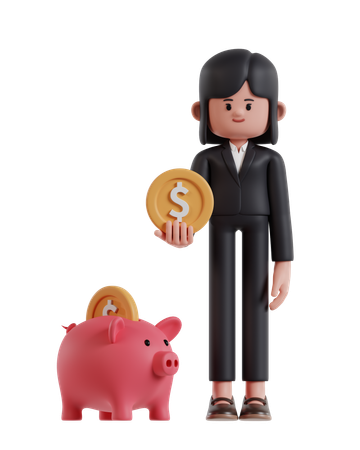 Businesswoman holding coins is saving in piggy bank  3D Icon