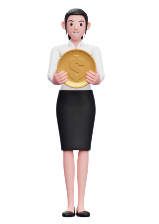 Businesswoman holding dollar coin  3D Icon