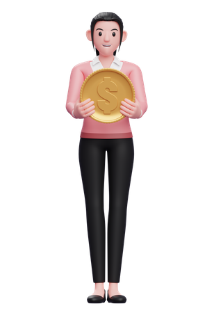 Businesswoman holding dollar coin  3D Icon