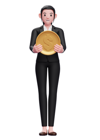 Businesswoman holding dollar coin  3D Icon