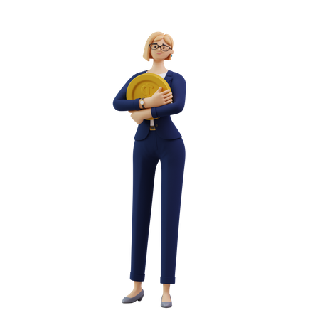 Businesswoman holding dollar coin  3D Icon
