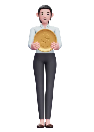 Businesswoman holding dollar coin  3D Illustration