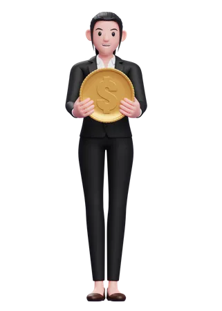 Businesswoman holding dollar coin  3D Illustration