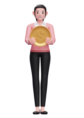 Businesswoman holding dollar coin  3D Illustration