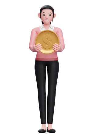 Businesswoman holding dollar coin  3D Illustration