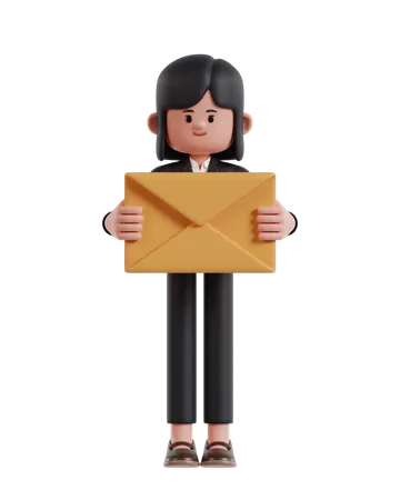 3 D Illustration Of Cartoon Businesswoman Holding Red Envelope 3D Illustration
