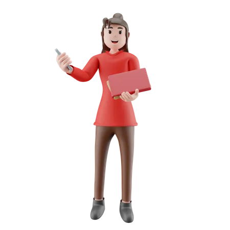 Businesswoman Holding File And Mobile  3D Illustration