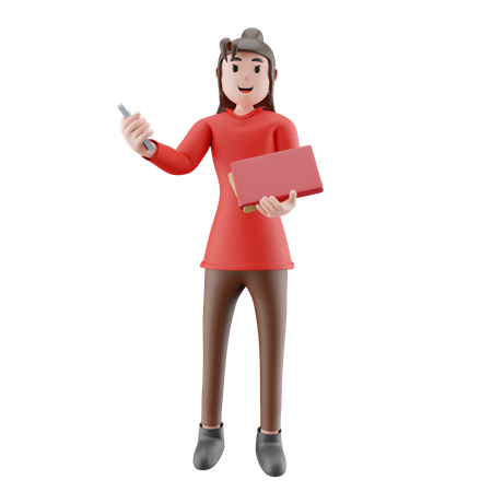 Businesswoman Holding File And Mobile  3D Illustration