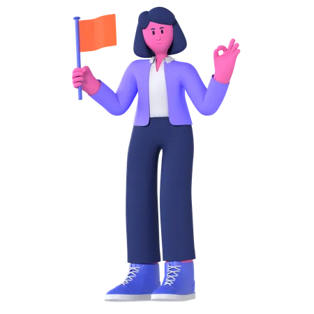 Businesswoman Holding Flag  3D Illustration