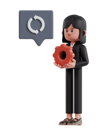 3 D Illustration Of Cartoon Businesswoman Holding Red Gear Managing Business 3D Illustration