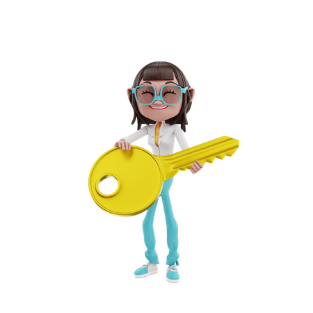 Businesswoman holding key  3D Illustration