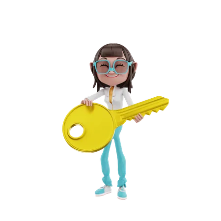 Businesswoman holding key  3D Illustration