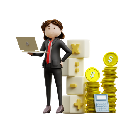 Businesswoman Holding Laptop And Looking Tax Calculation  3D Illustration
