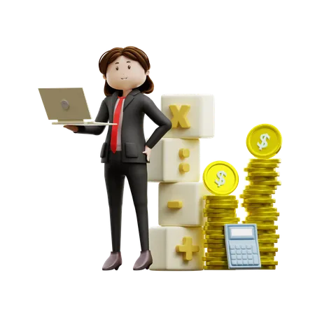 Businesswoman Holding Laptop And Looking Tax Calculation  3D Illustration