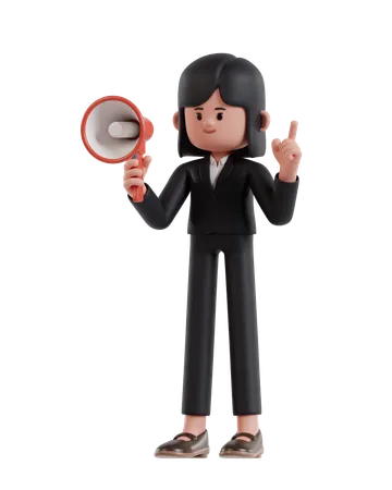 3 D Illustration Of Cartoon Businesswoman Holding A Megaphone While Raising A Finger 3D Illustration
