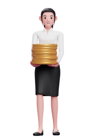 Businesswoman holding pile of coins  3D Icon
