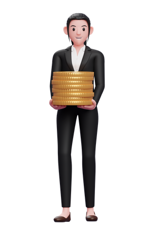 Businesswoman holding pile of coins  3D Icon