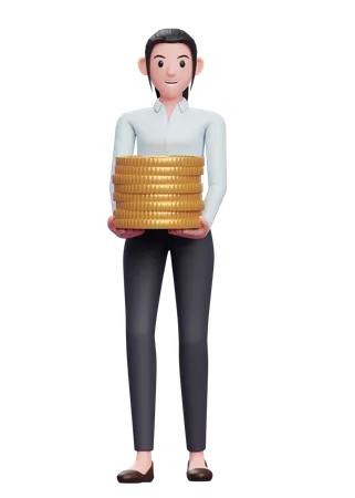 Businesswoman holding pile of coins  3D Illustration