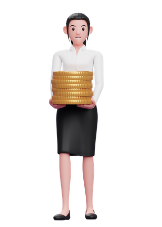 Businesswoman holding pile of coins  3D Illustration