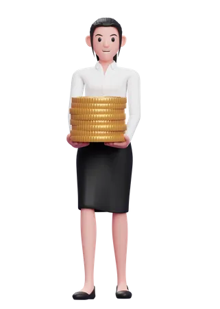 Businesswoman holding pile of coins  3D Illustration